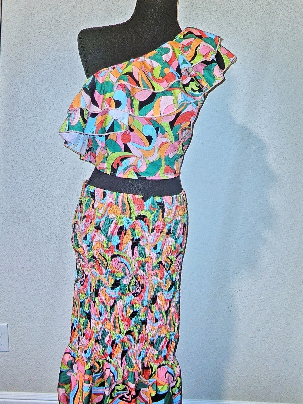 Floral Vibrant 2pc One-Shoulder Ruffled Smocked Shirt n Maxi Skirt - Multicolor